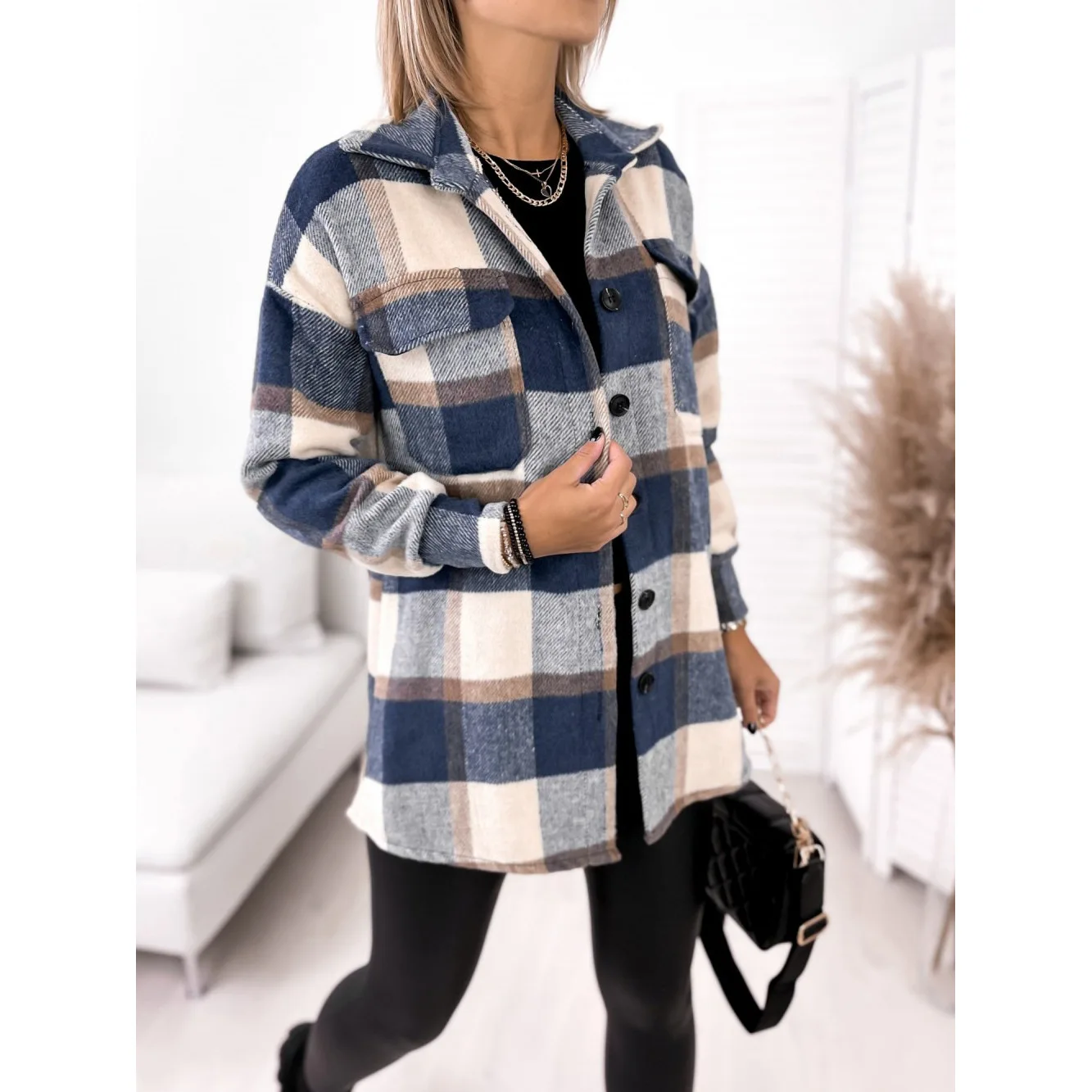 Ele – manteau Long à col irt pour femme, vêtement d'extérieur chaud en laine, motif à carreaux classique, sans chapeau inclus, automne