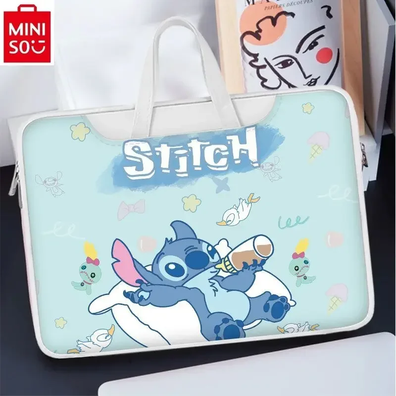 MINISO 디즈니 스티치 프린트 노트북 케이스, 15.613.3 인치 파일 저장에 적합, 대용량 여성용 핸드헬드 서류 가방