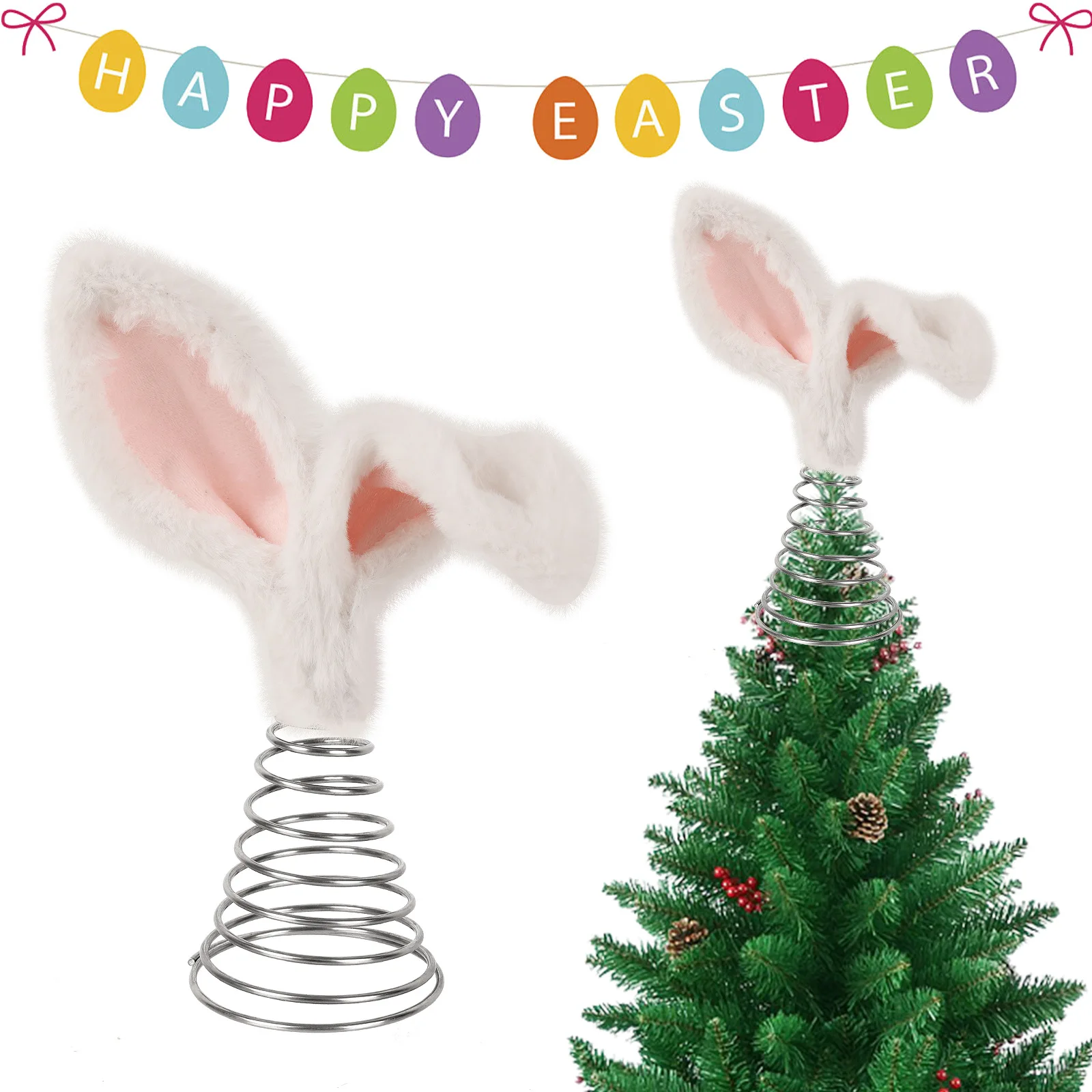 Horteras peludas con Orejas de conejo, tapa de árbol con Base de espirales de Metal, decoración para fiestas navideñas, adornos para árboles de Navidad hechos a mano
