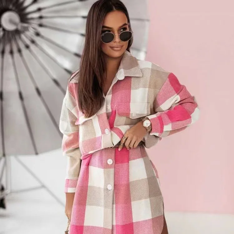 

Autumn and Winter new color flannel plaid long trench coat fashion shirt woolen coat