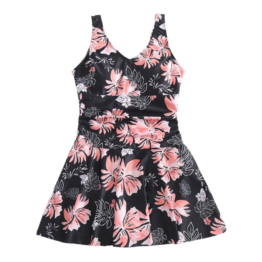 Women Floral Print Monokini Floral Print Monokini Swimwear Dress for Women V-neck One-piece Bathing Suit with Flowy Hem Slim Fit