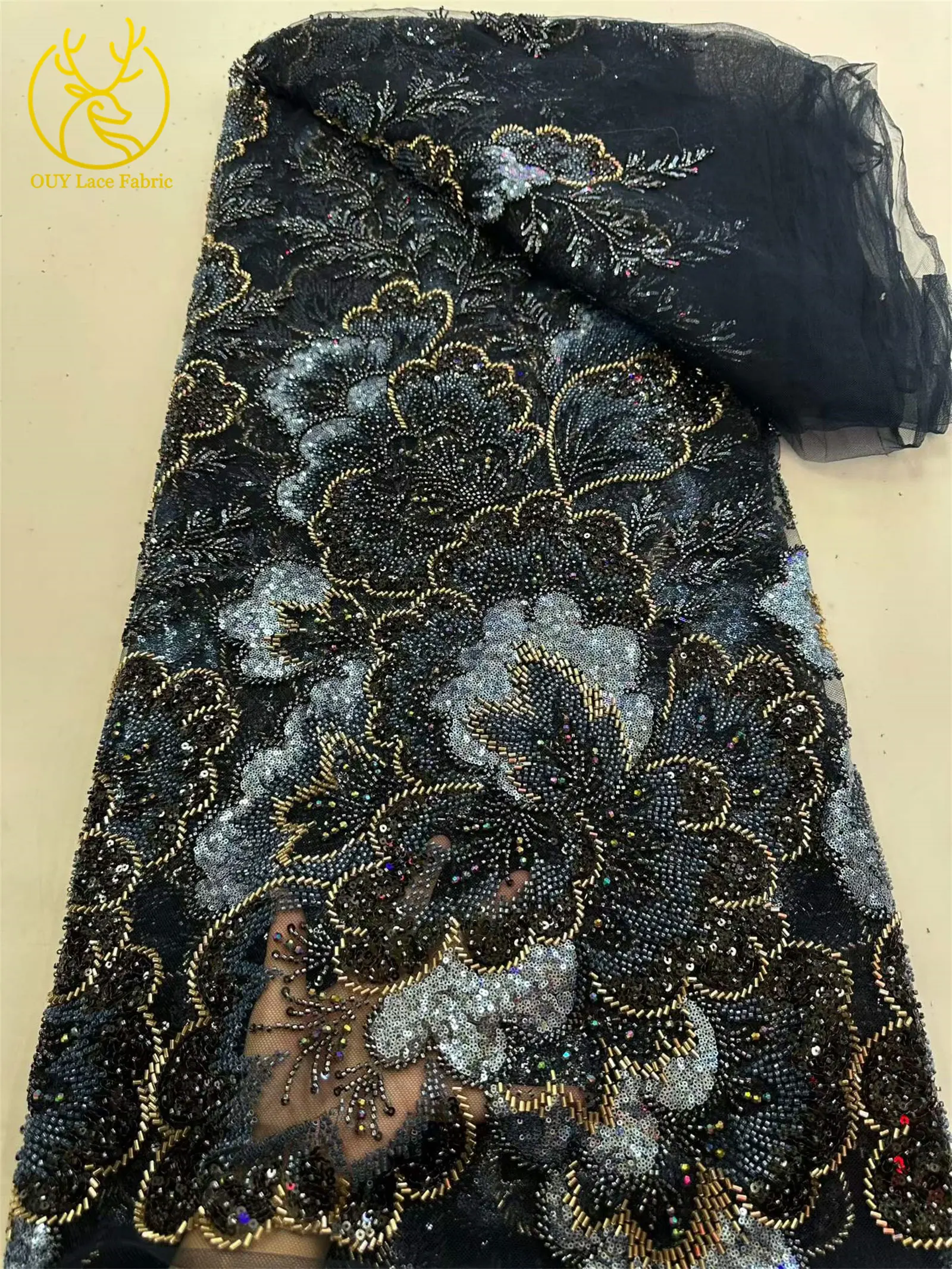 Afrikanischer Brautkleidstoff mit Perlen und Spitze 2026 Luxuriöse Nigerianische Stickerei Pailletten-Spitze Französische Tüllspitze für Brautkleider – Detail 9