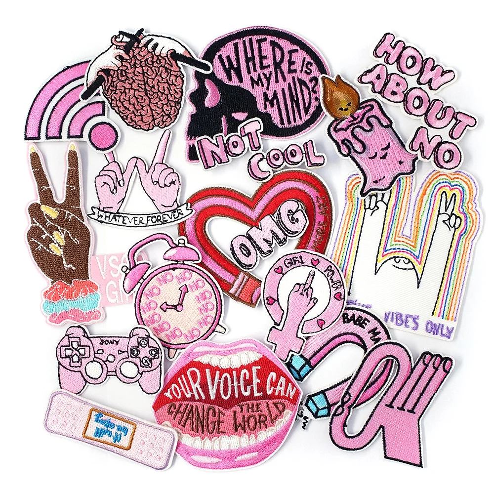 18Pcs/Lot Pink OMG Candle Clock Band-aid Patches Cloth Embroidered Applique Sewing Clothes Apparel Accessories Patch NOT COOL