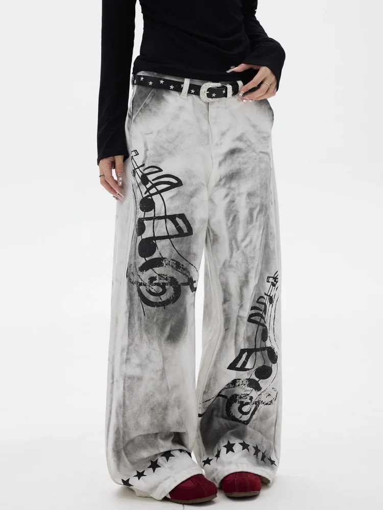 2025 cyber y2k streetwear sujo lavado branco nota musical impresso calças jeans femininas para roupas femininas perna larga calças compridas