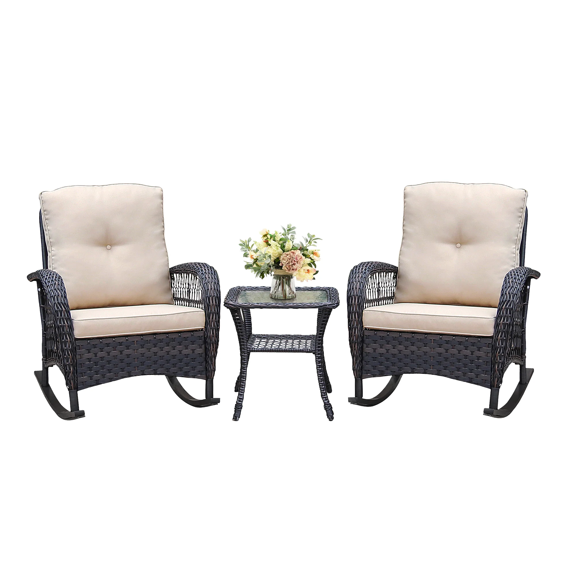 

3 Pieces Conversation Set, Outdoor Wicker Rocker Patio Bistro Set, Rocking Chair with Glass Top Outdoor Rattan Rocker Chair