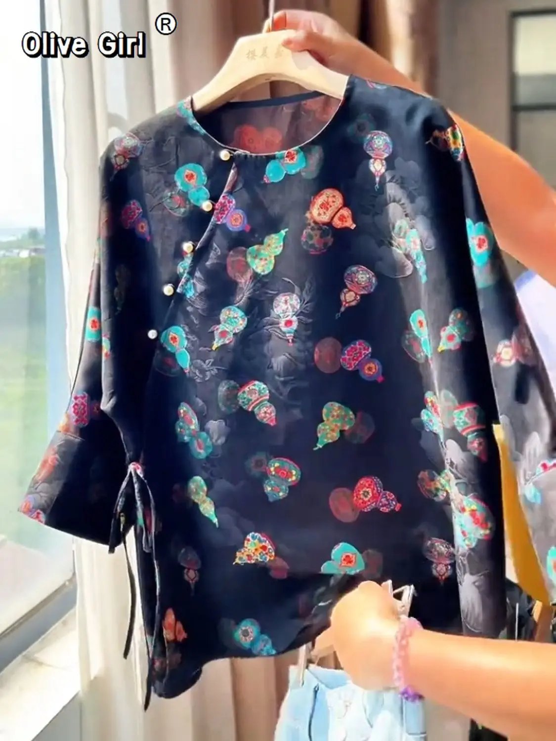 Olivegirl Jacquard Shirt Black Double Money and Luck Plus Size Chinese Women's Blouse Clothing 2026 Spring Tang Style Top