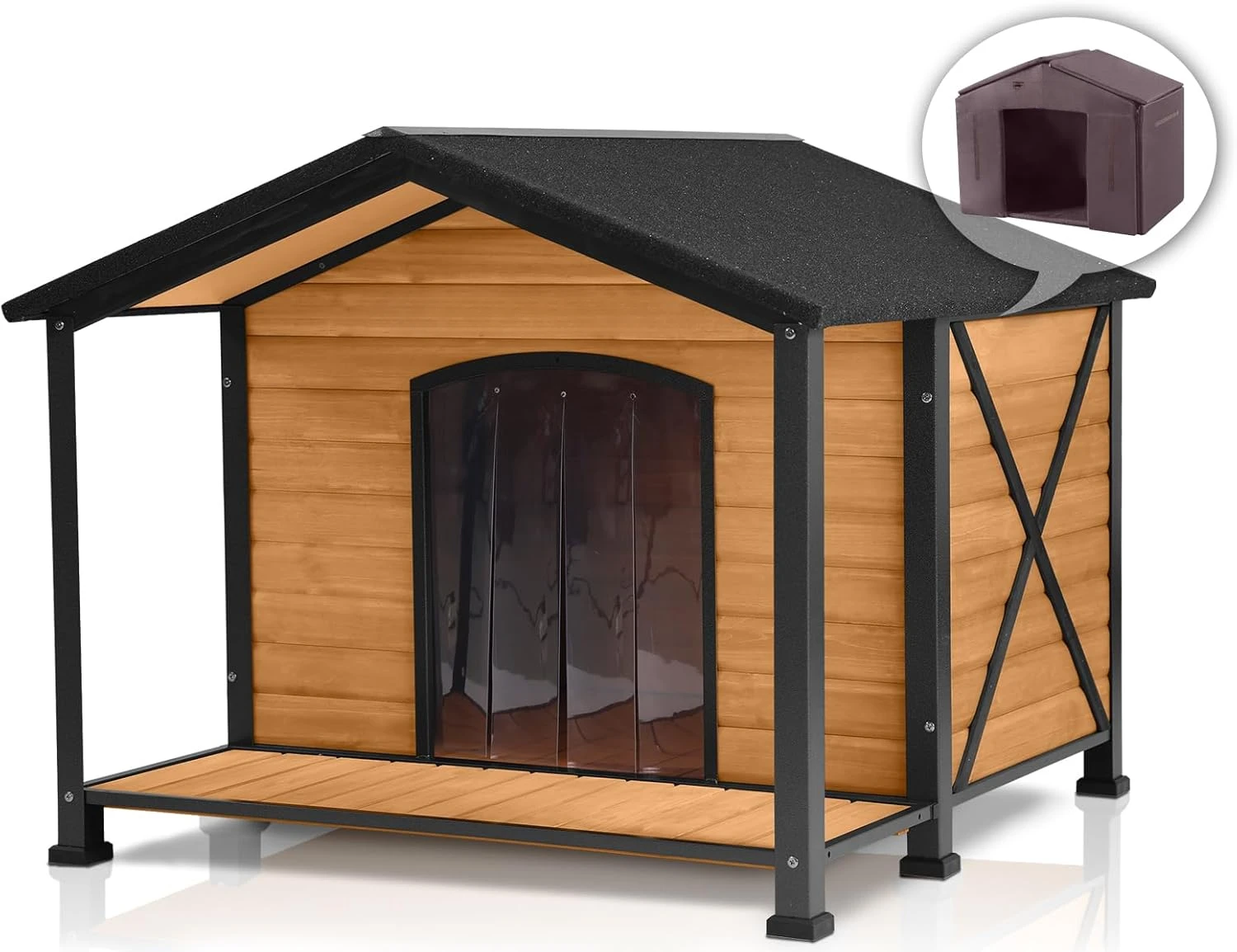 Insulated Dog House Outdoor - Large All-Around Iron Frame - Fir Wood Construction and Weatherproof