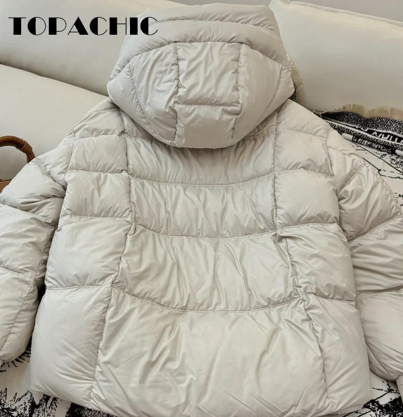 9.5 TOPACHIC-Women 2024 Winter New Hooded Loose Bread Short Down Jacket Lace-up Decoration Thick Keep Warm Goose Down Outerwear