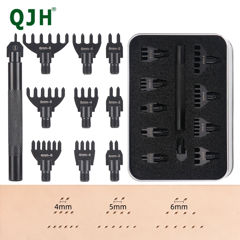 

QJH 4/5/6mm Diamond Shaped Leather Craft Punching Tool Set, Interchangeable Head Leather Stitching Hole Punch Kit (2/4/6 Teeth)