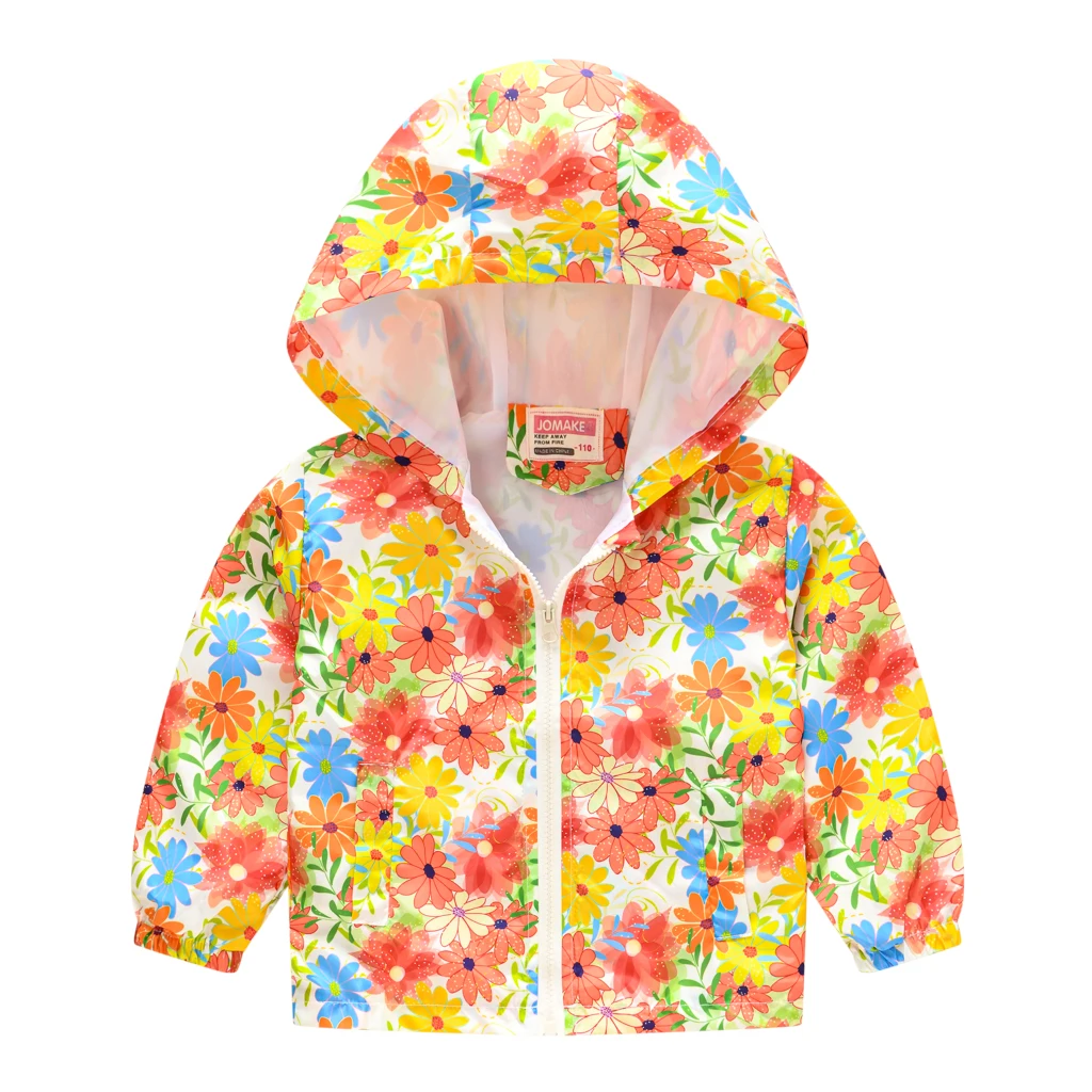 Boys and Girls Windproof Hooded Jacket Assorted Cartoon Pattern Print Zip Coat Kids Spring Clothes