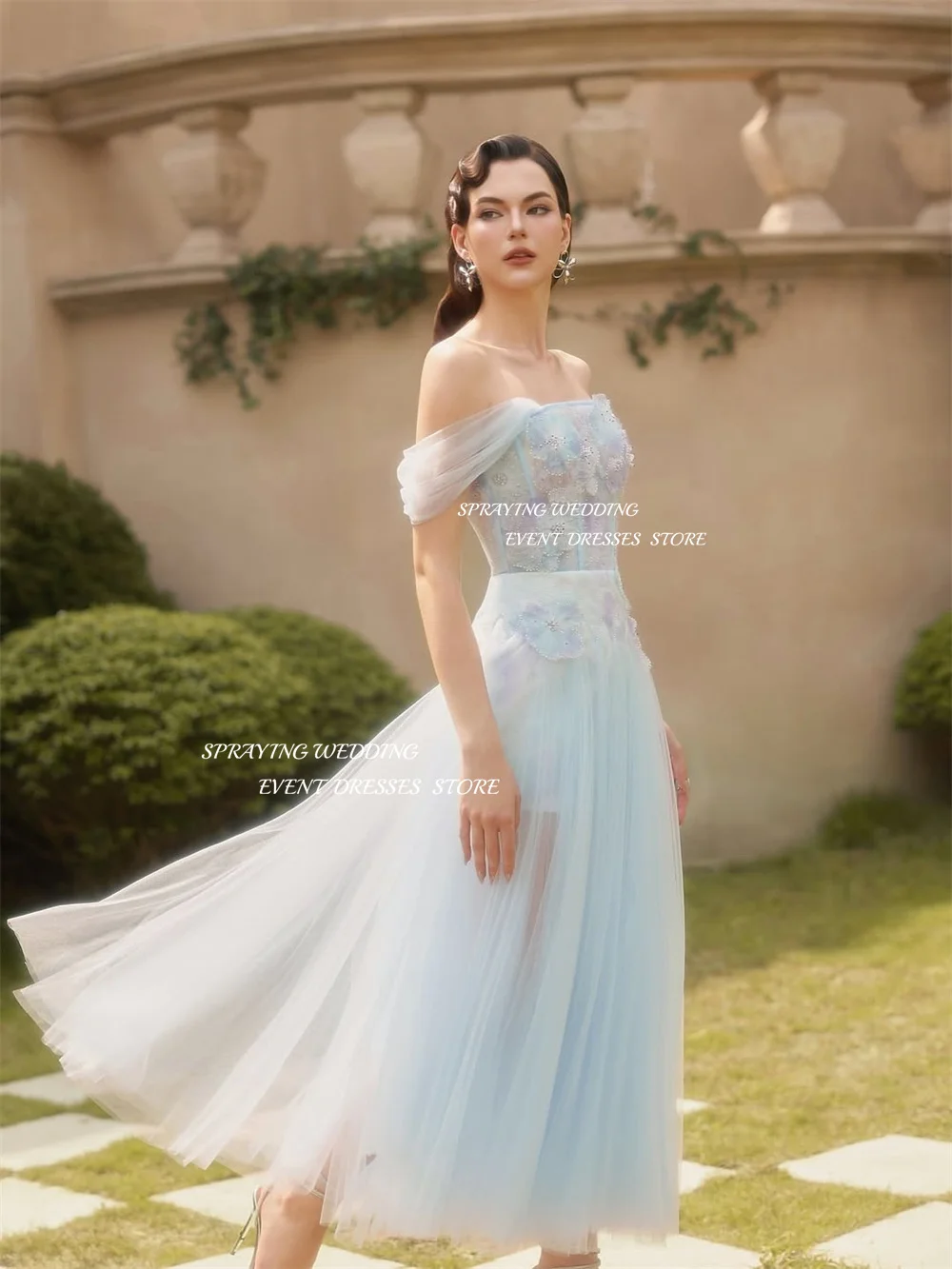 SPRAYING luxe Tulle dentelle robe de soirée bleu bretelles robe de soirée formelle une ligne cheville longueur dubaï arabe robe de bal personnalisé