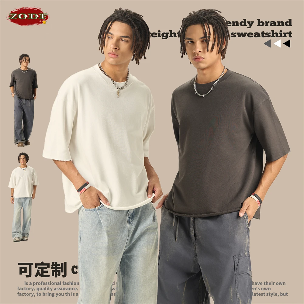 ZODF جديد 2026 الصيف رجل بوكسي تيري تي شيرت للجنسين شارع العليا حافة فضفاضة 280gsm قصيرة الأكمام تي شيرت العلامة التجارية بلايز HY0044