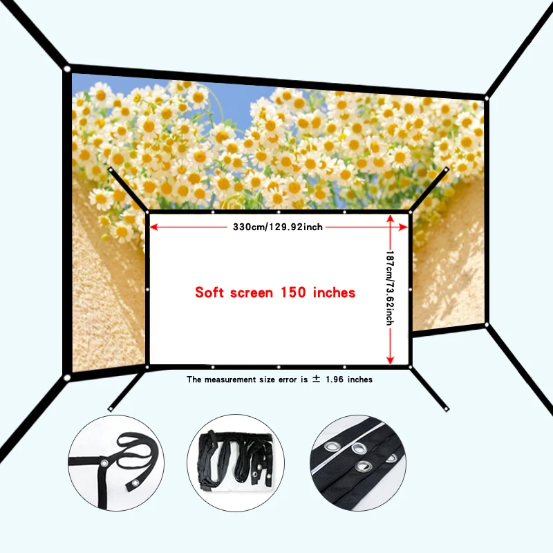 Extensão de tela de projeção de 150 polegadas. A nova tela com furos de suspensão estendidos é mais conveniente para pendurar.