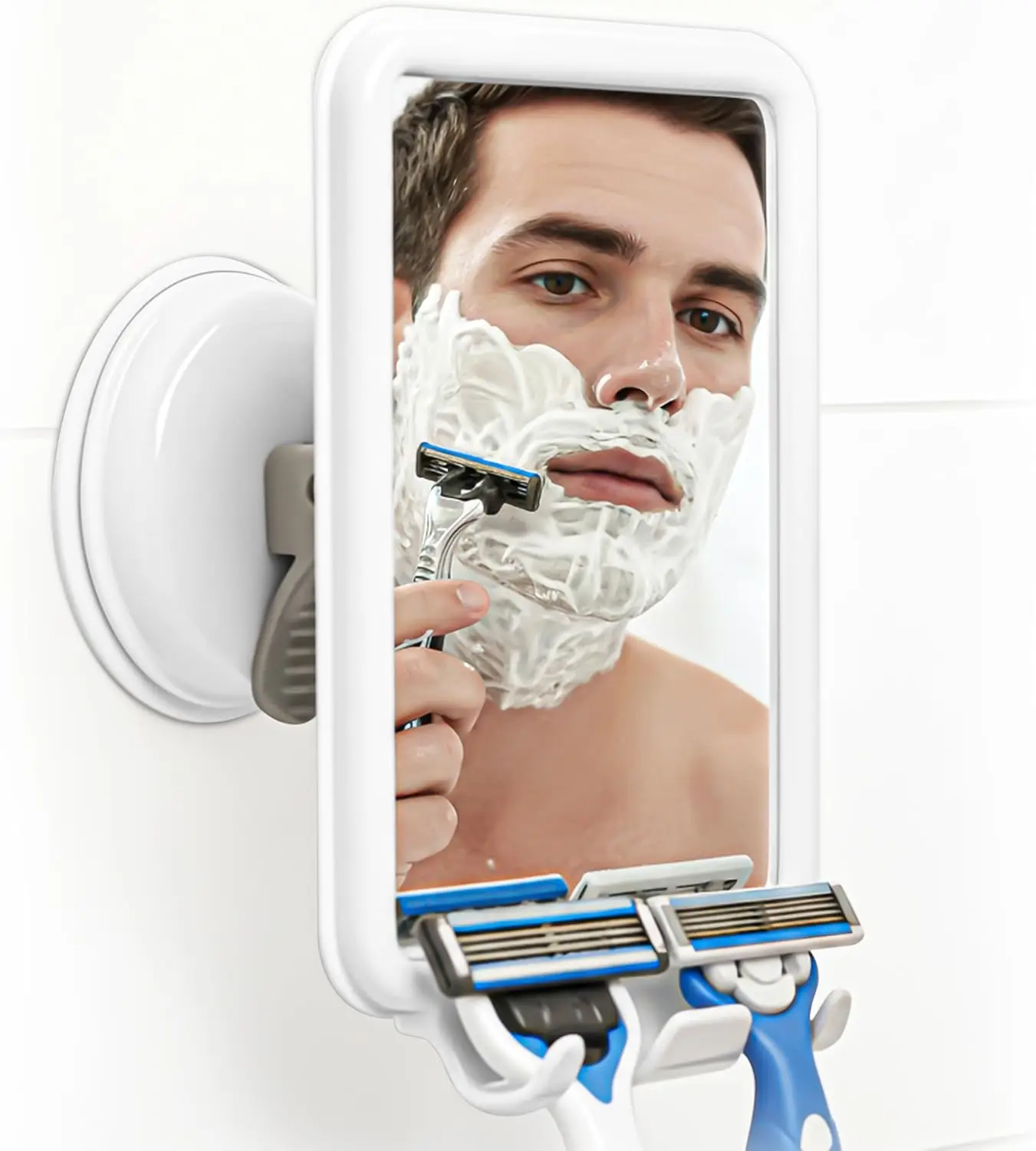 

Зеркало для душа с защитой от запотевания и обзором 360° ° Поворотные крючки для бритв, простая установка, белые