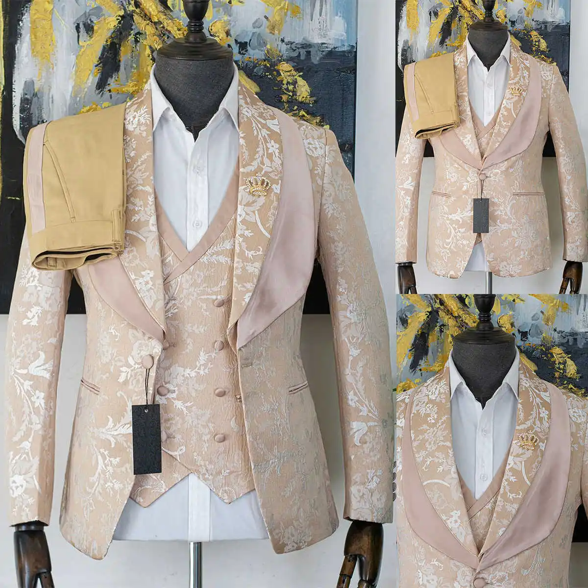 Designer Celebrity Mens Customized Tuxedos Appliques Shawl Lapel Groom Wear Dinner Prom Party Wedding Blazer 3 Pieces