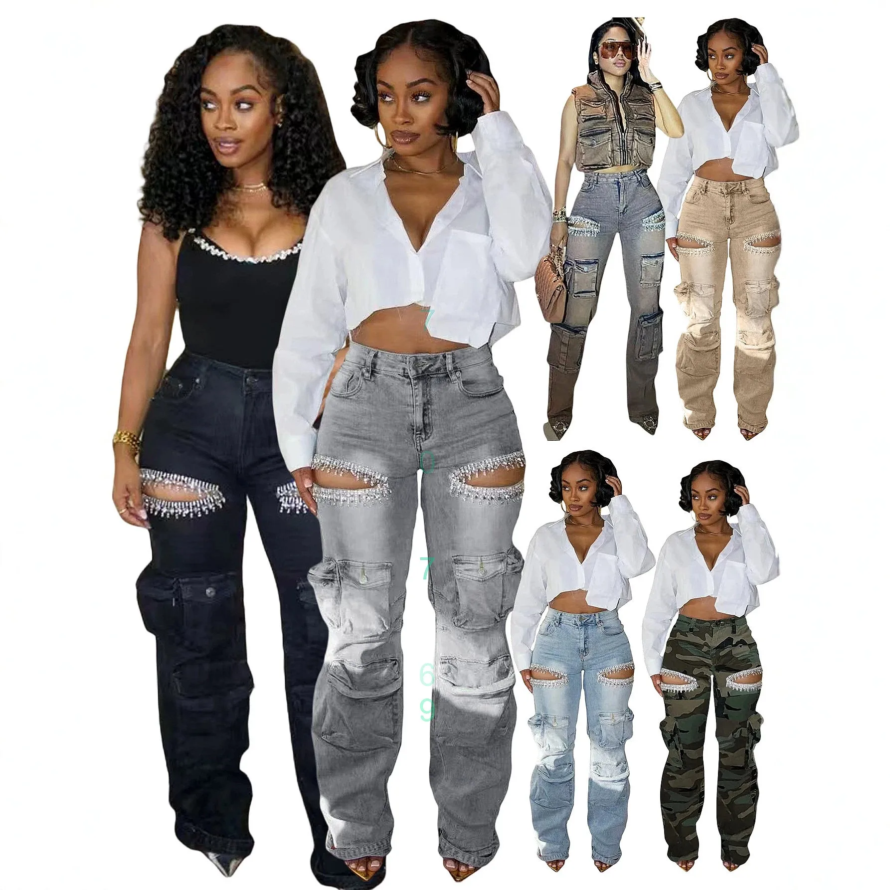 

Fashion Women Denim Jeans Washed Multi Pocket Rhinestone Jeans Spring Summer