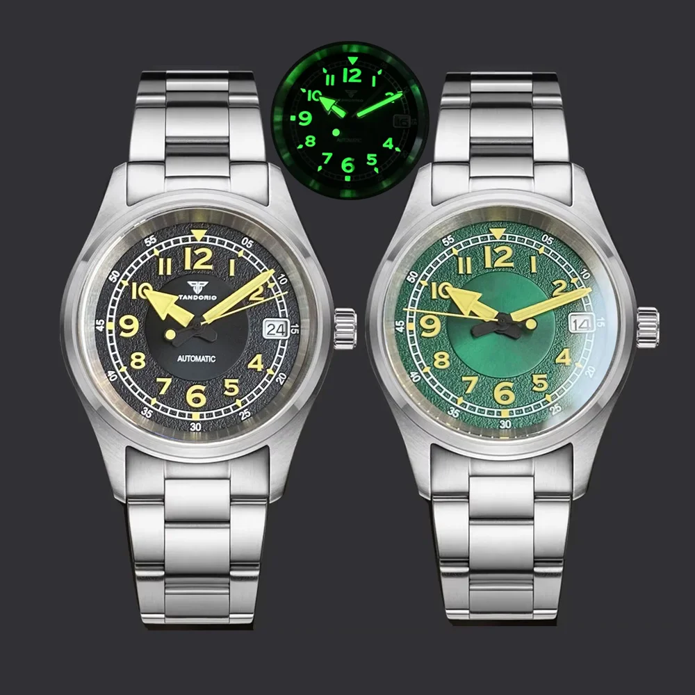 Sunburst Vintage Super Lume Dial 36mm NH35 Automatic Military Field Pilot Watch fo Men Sapphire Steel Bracelet Yellow Hand 20BAR