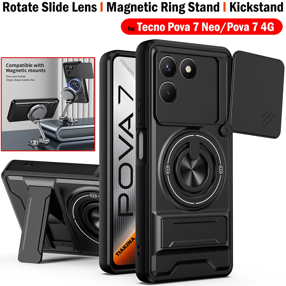 

Чехол с поворотным слайд-линзой Funda для Tecno Pova 7 4G, чехол с магнитным кольцом для Tecno Pova 7 Neo, складная подставка, бронированная крышка