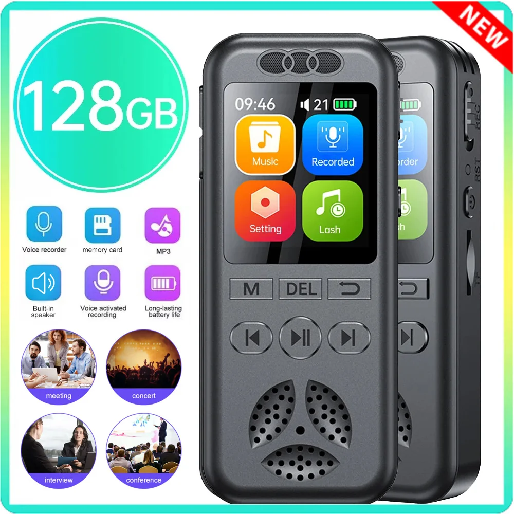 128GB Digital Voice Recorder 1536KBPS Professional Sound Dictaphone Voice Activated Audio Recording WAV MP3 Player for Meeting
