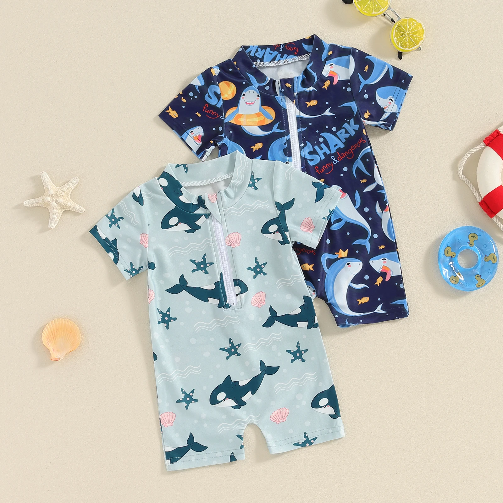 Toddler Boys Sun Protection Swimsuit Short Sleeve Crewneck Shark Print Zipper Swimwear