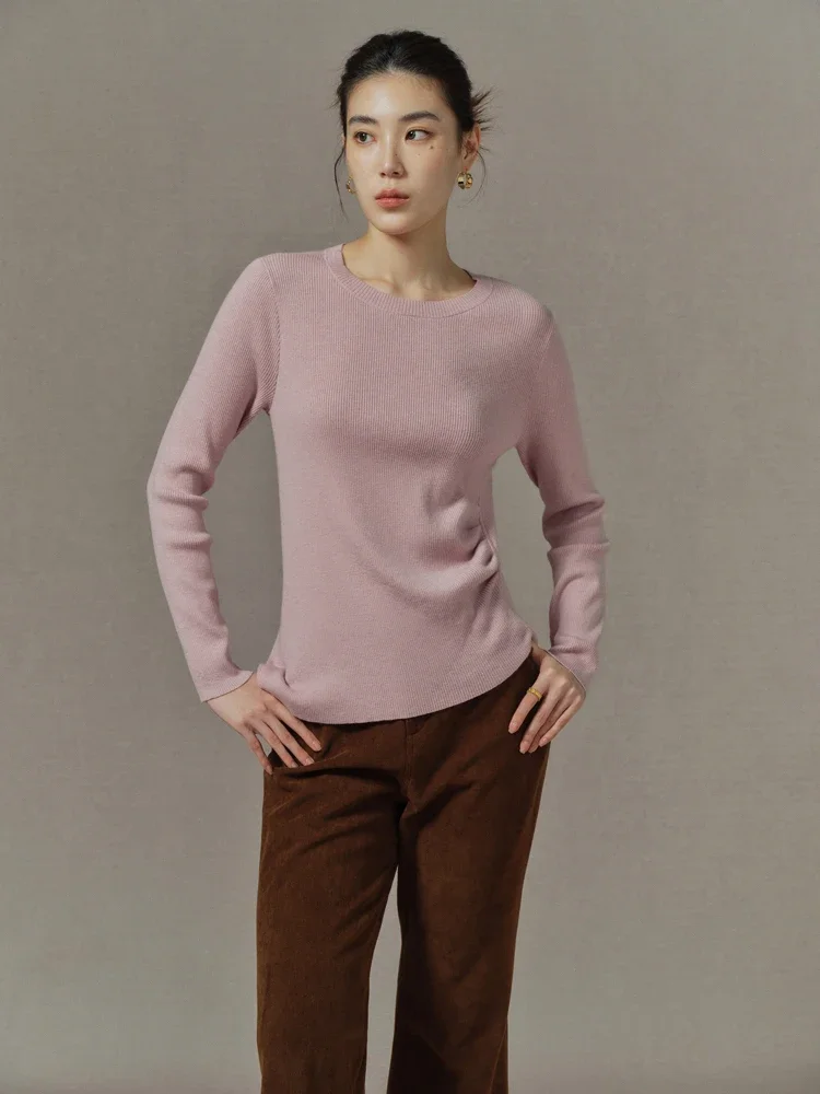 DUSHU 6.8% Wool Waist Slimming Asymmetric Design Women Knitted Pullover Sweaters Round Neck Pink Gentle Female Winter Wool Tops