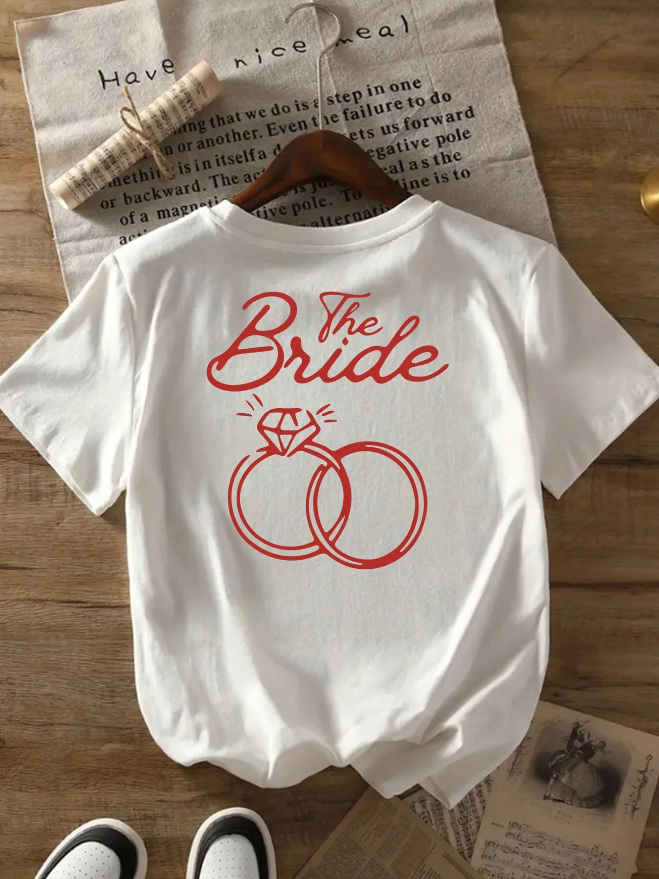Back Print Short Sleeve Bride Wedding Ring Print Pattern Element Trendy Casual Sleeve Round Neck Top Suitable for And Spring