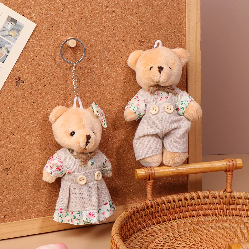 Couple Bear Plush Toy Keychain Cartoon Floral Cloth Bears Soft Stuffed Doll Pendant Car Key Ring Backpack Bag Decor Xmas Gift