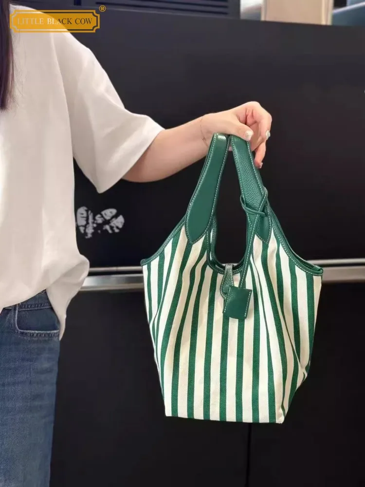 

Office Women 2025 New Versatile Bucket Mixed Colors Stripe Canvas Bag Casual Fashion Handbag Ladies Designer Shoulder Bag