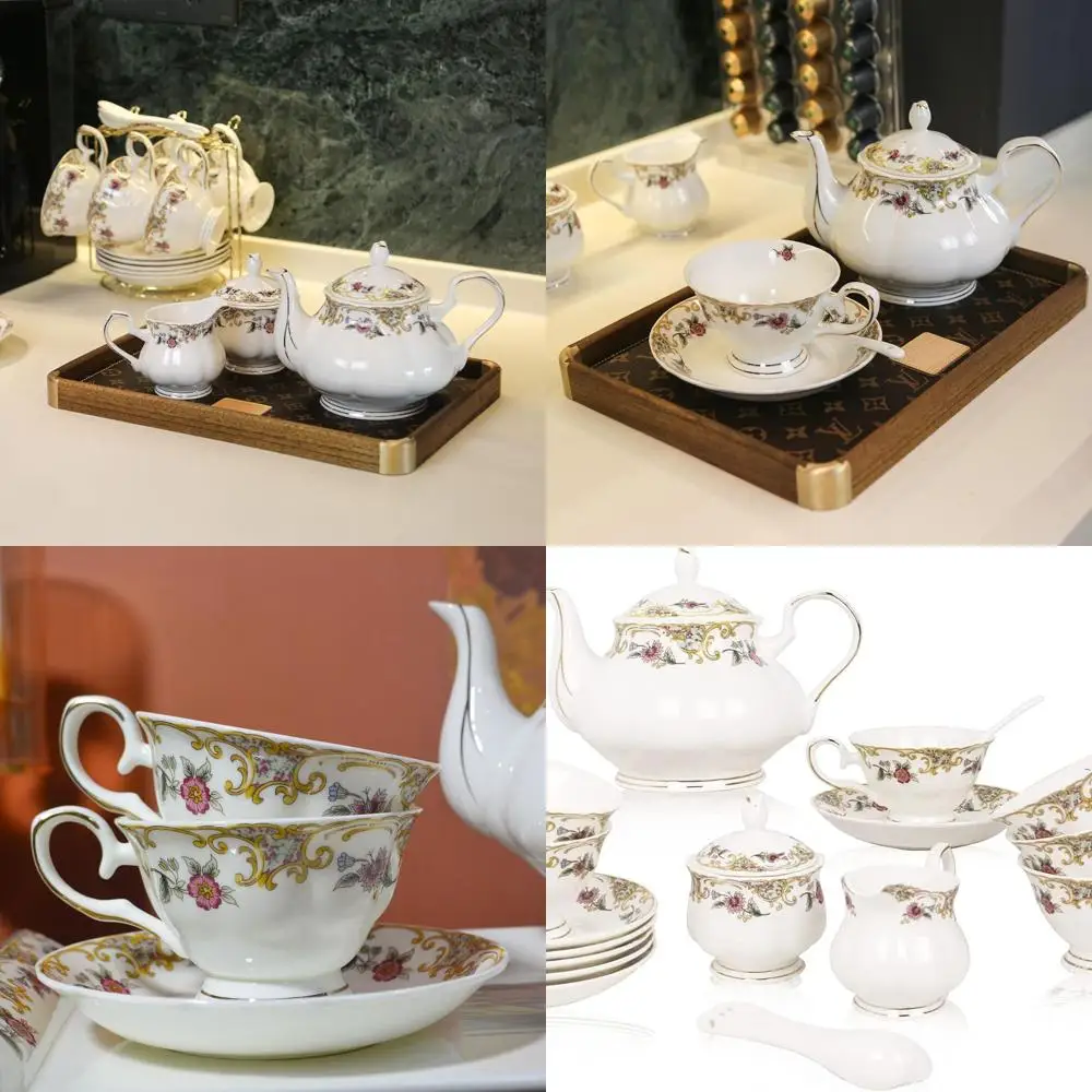 

Элегантный чайный сервиз из костяного фарфора с цветочным принтом для взрослых — набор чайной посуды из белого фарфора из 21 предметов с 6 чашками, чайником, сахарной чашкой и сливочником