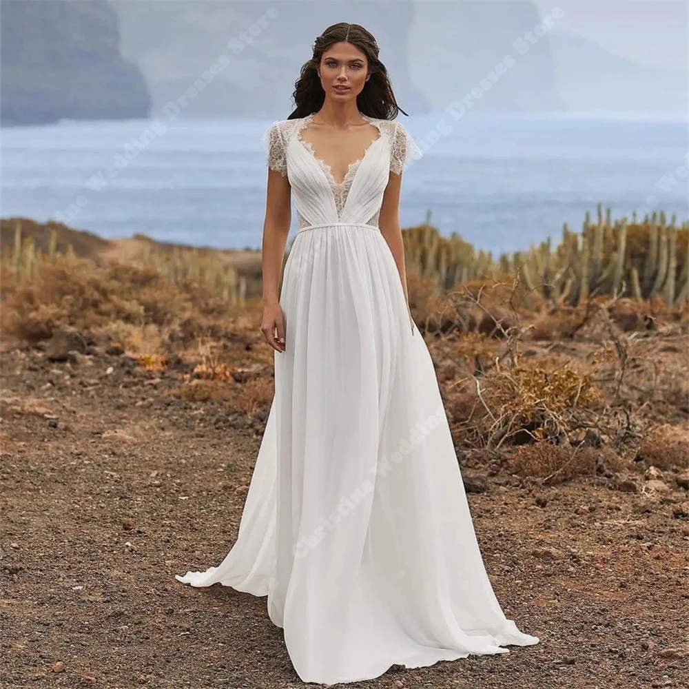 Short Sleeves V-Neck Women Wedding Dresses Delicate Lace Appliques Bridal Gown 2024 Solid Bride Mopping Length Vestidos De Novia