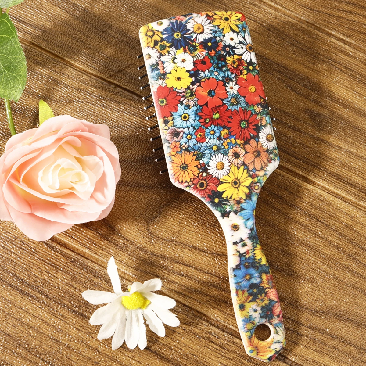 หวีพายลายดอกไม้ - ป้องกันไฟฟ้าสถิต, นวดหนังศีรษะ, ขนแปรงไนลอนนุ่ม, แปรงขัดผิว, พิเศษสําหรับวิกผมจริง