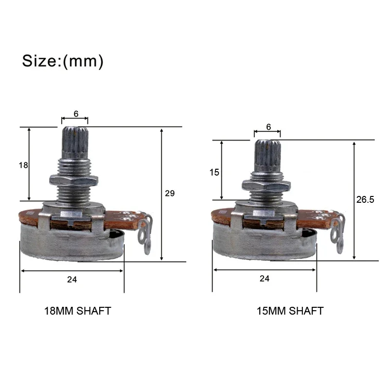 일렉트릭 기타베이스용 스플릿 샤프트 15/18mm, A/B500K A/B250K, 기타 볼륨 톤 포트 전위차계, 2 개입