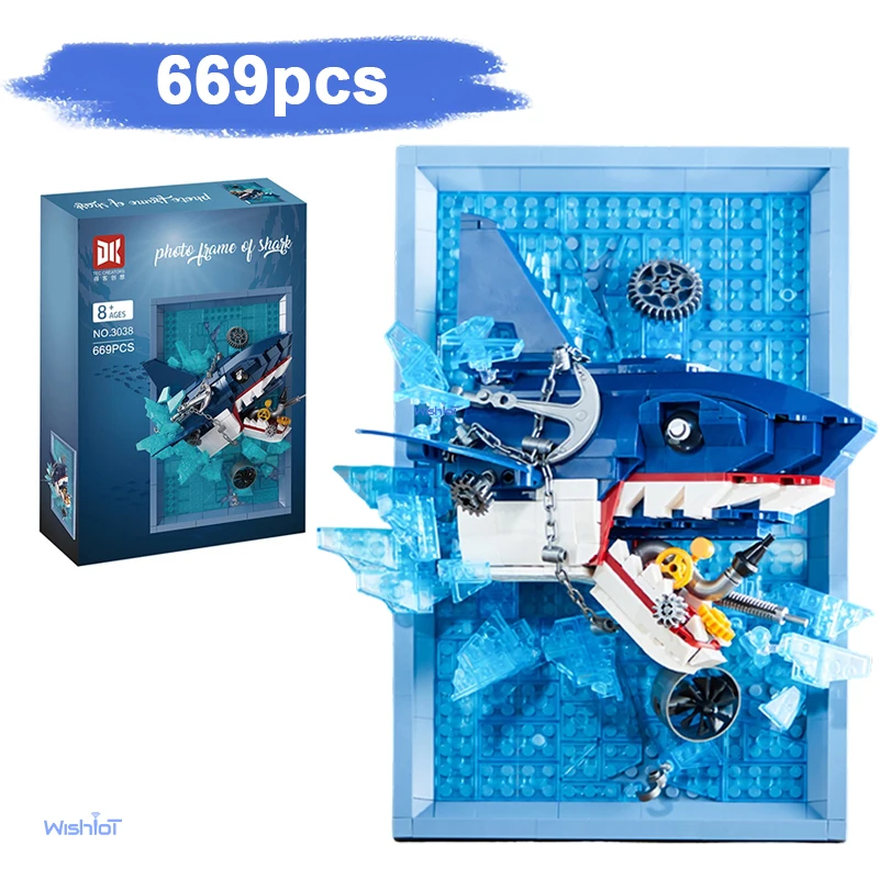 

3038 фоторамка в виде акулы, 669 шт., строительные блоки, настенные подвесные мелкие частицы, собранные строительные брики, игрушка «сделай сам»