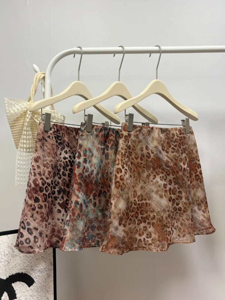 2026 Summer French Retro Gold Thread Chiffon Women Skirt For Daily Party Wear Leopard Print Fashion A Line Bodycon Mini Skirts