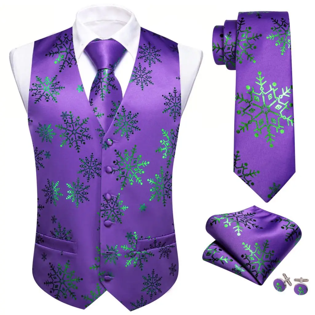 

Christmas Mens Vest Silk Purple Green White Red Snowflake Gift XmasTrees Santa Claus Waistcoat Tie Set Festival Barry Wang