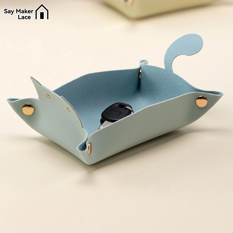 Cute Cat Shape Leather Storage Tray Dice Box Coin Desktop Jewelry Box Makeup Key Tray DIY Household Folding Tray Storage Case