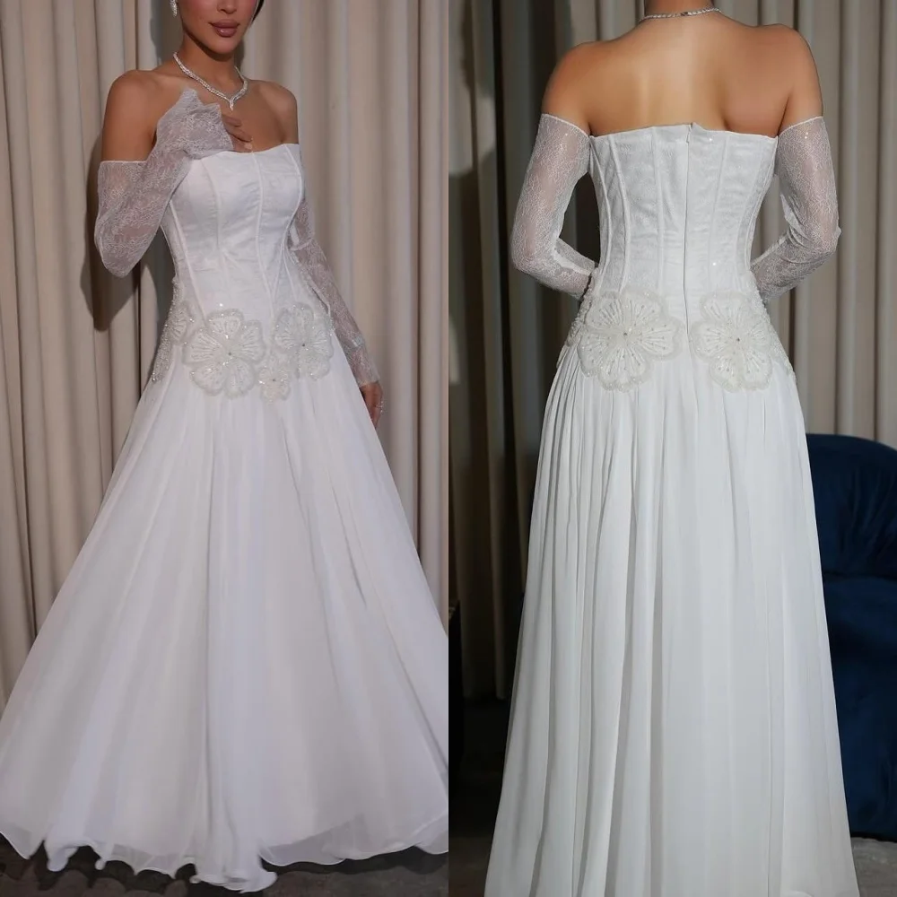

Customized Exquisite Chiffon Handmade Flower Beading Sequined A-line Off-the-shoulder Long Dresses Bespoke Occasion Dresses