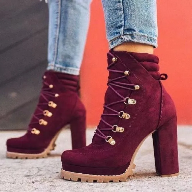 2024 Autumn Winter Fashion Platform Mid Calf Women Boots High Heels Lace Up Rivet Ankle Boot Suede Round Toe Ladies Chunky Shoes