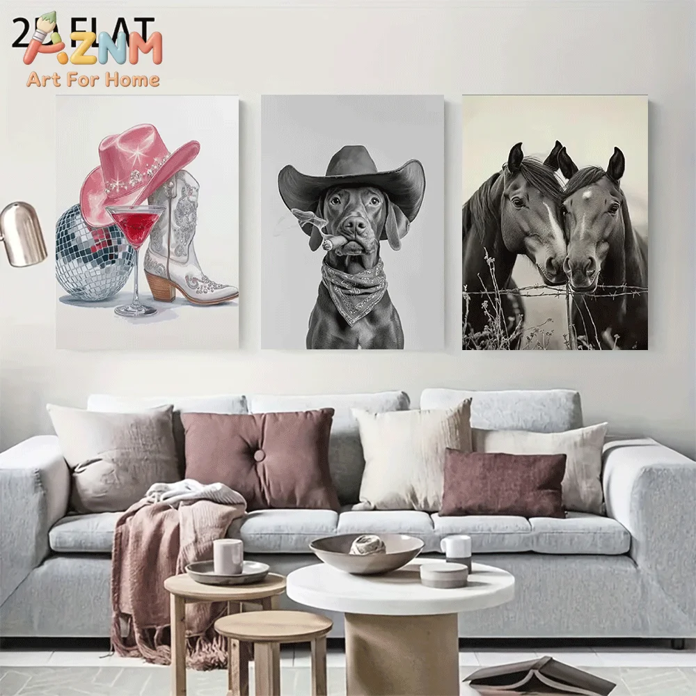 AZNM Frameless Canvas Wall Art, Western Cowboy Dog Horse & Cowgirl Boots Disco Print, Retro Country Wall Decor for Living Room B