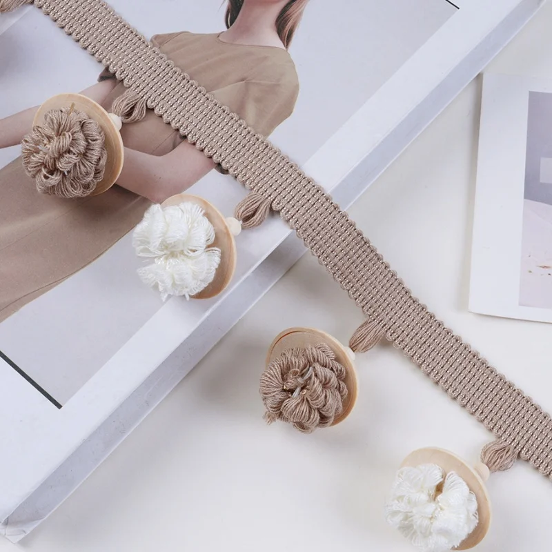 

QGVLish 6M/lot Wood Pompons Balls Curtain Tassel Fringe Lace Trim DIY Sofa Stage Valance Lace Ribbon Belt Curtain Accessories