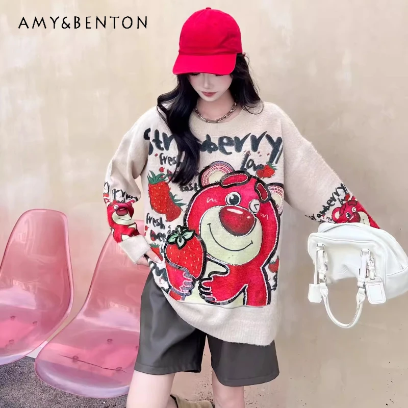 

Милый милый мультяшный принт, свитер с длинными рукавами и круглым вырезом, пальто, осень-зима 2022, пуловер, свободный женский трикотаж большого размера