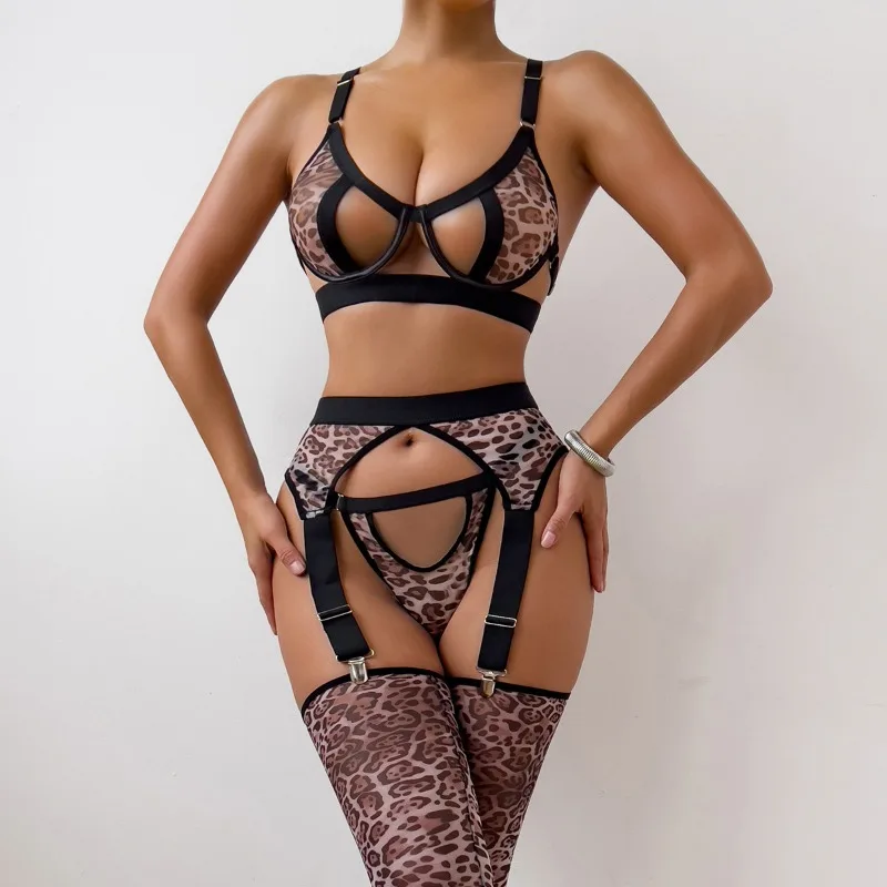 

Toucheart Erotic Lingerie Sexy Leopard Print Mesh See-through Patchwork Body Shaping Pure Desire Delicate Intimate Underwear Set