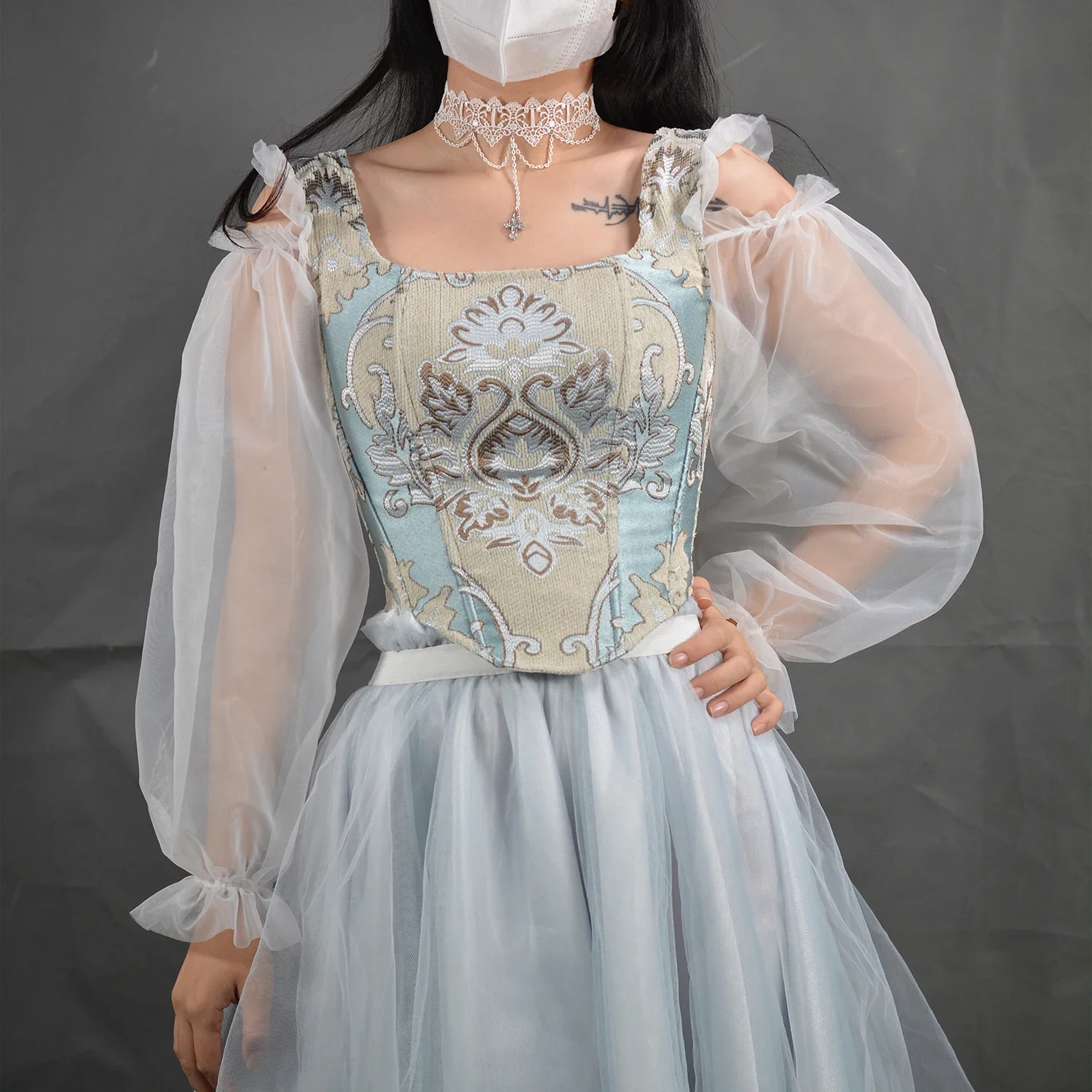 

Lace Long Sleeves Waist Bustier Top Gothic Victorian Overbust Corset Vintage Basques Off Shoulder Corselet