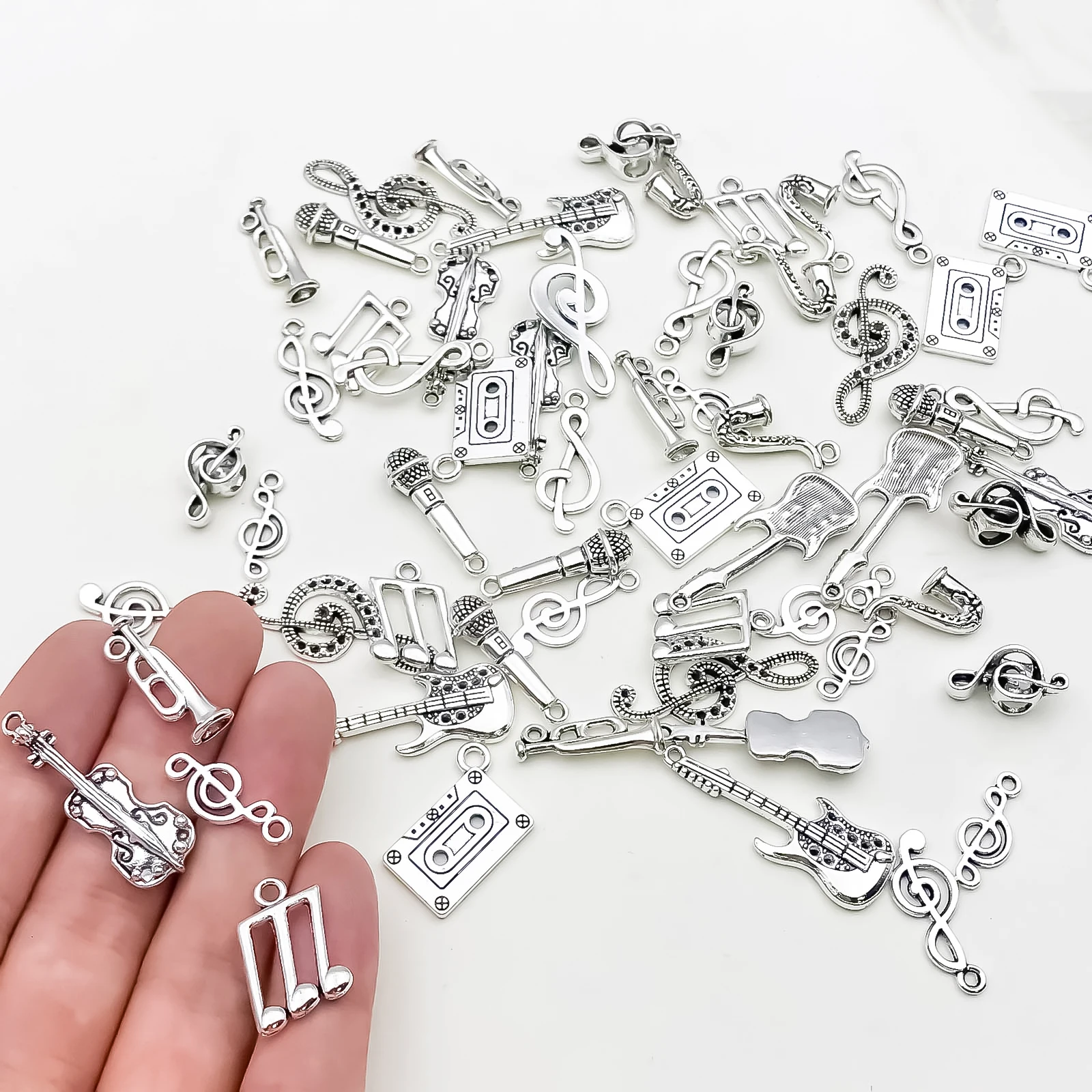 Mix 60pcs Antique Silvery Musical Instrument Notes Charms Pendants For Jewelry Making Guitar Piano Violin Findings