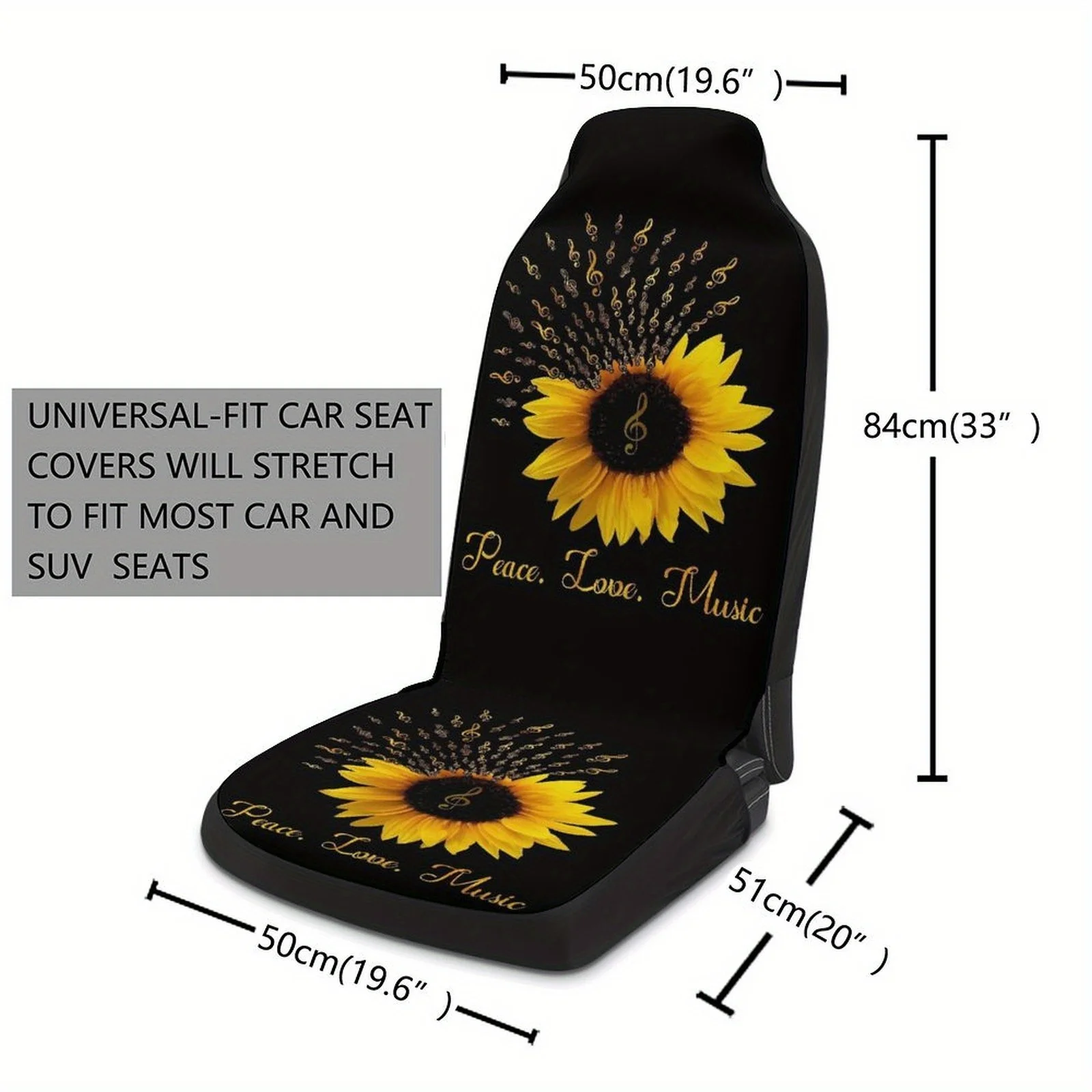 2pcs Set Fit Car Seat Covers - Black & Golden Sunflower & Sunflower Music Note Design With Golden Lettering, Breathable -Slip Fr