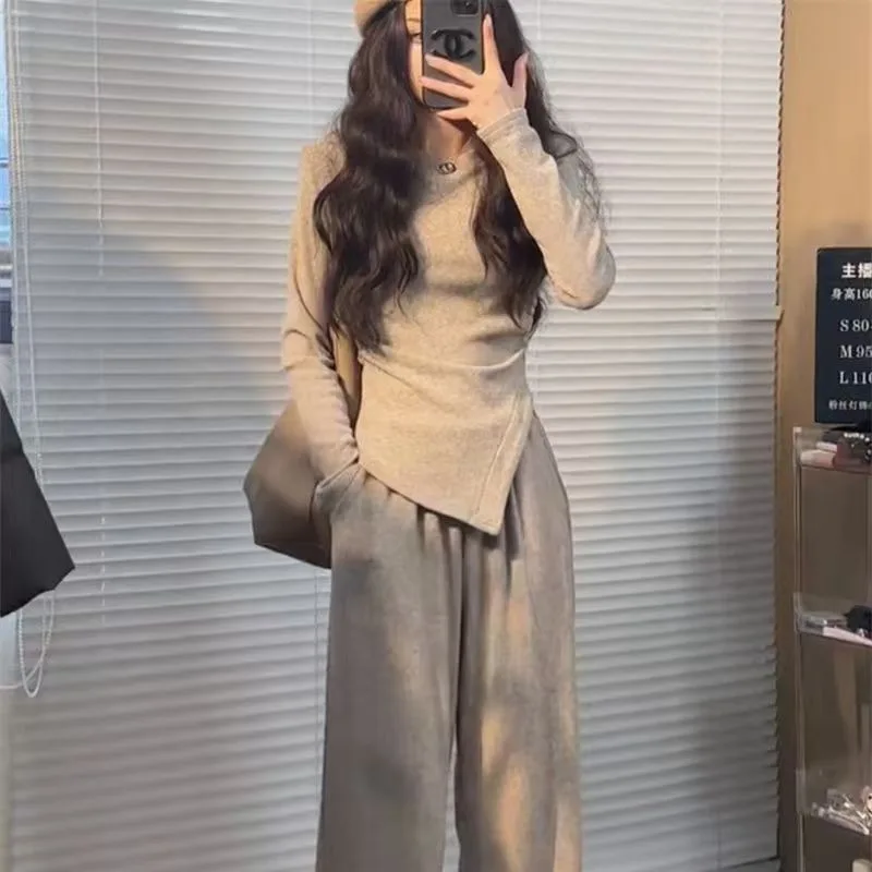 Passende Sets, weites Bein, solide Hosen-Sets in voller Länge, Trainingsanzug, Pullover, Oberteile, lange Ärmel, hohe Taille, lockere Freizeit