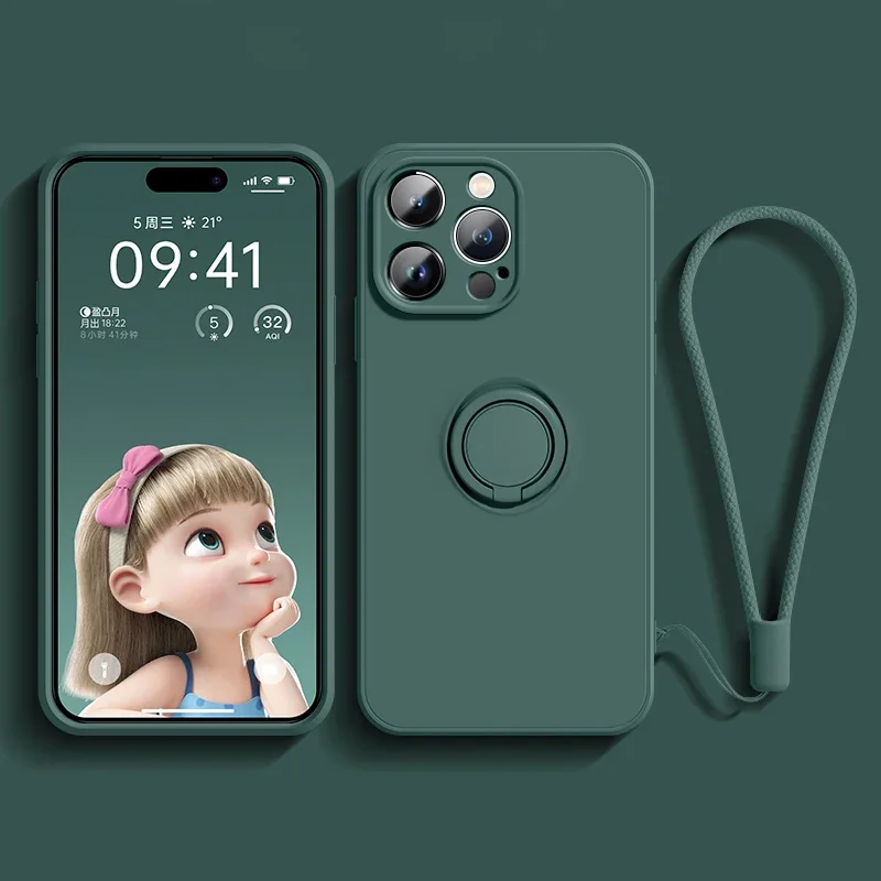 Magnetische Weiche Silikon-Handyhülle für iPhone 16 15 14 13 12 11 17 Pro Max XS XR Plus mit Ringhalter und Standfunktion