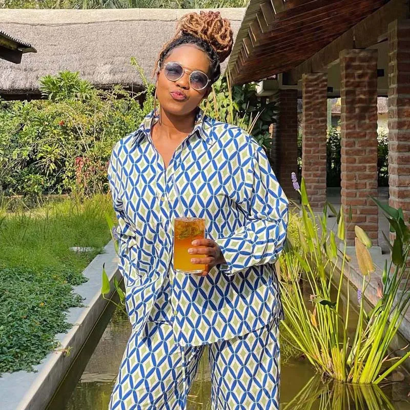 

European and American Women's Clothing plus Size Suit Lapel Rhombus Long Sleeve Shirt Wide Leg Casual Trousers African New Two-P