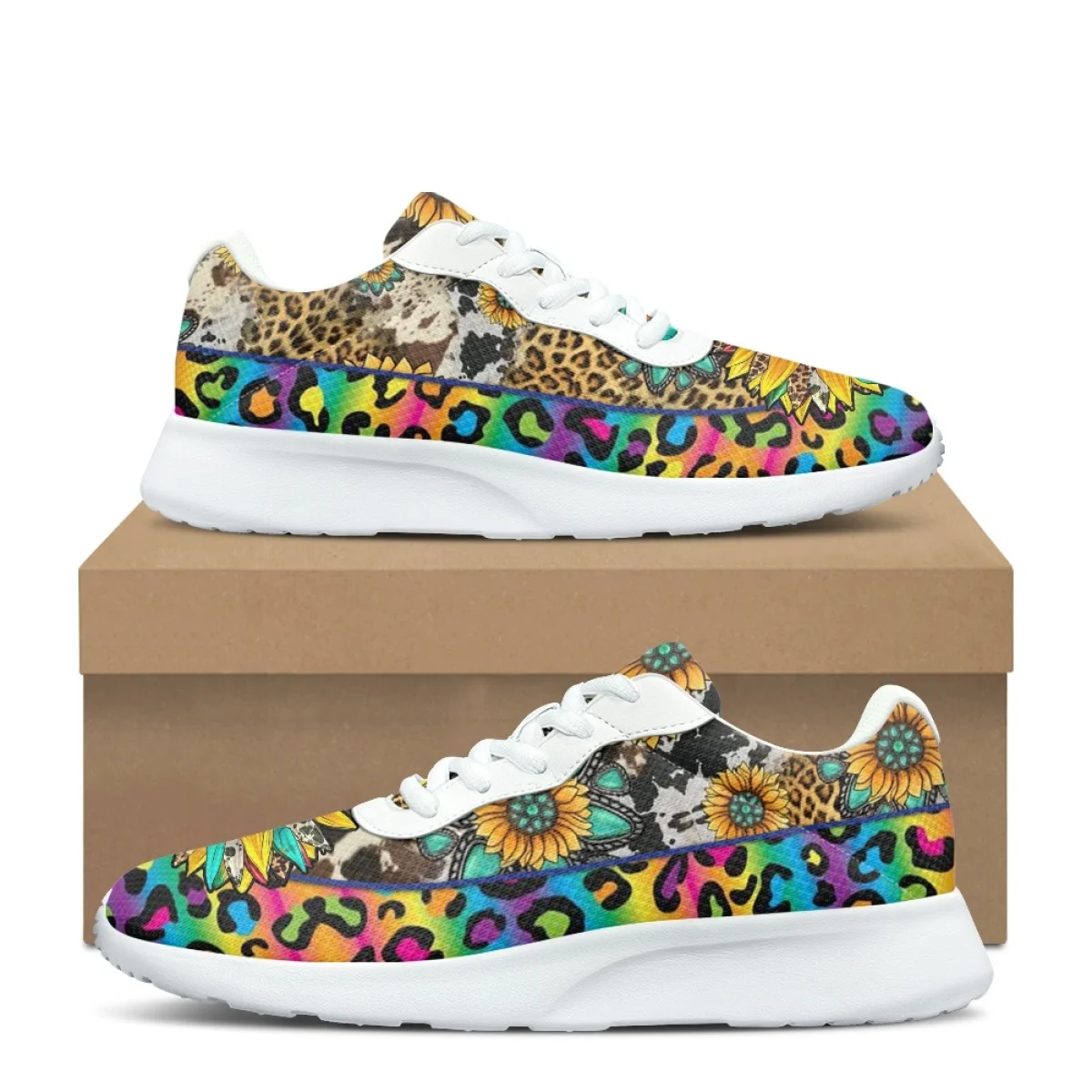 Leopard Sunflower Print Flat Shoes Women Autumn Outdoor Sneakers Teen Casual Shoes Wear-Resistant Gym Tennis Shoes Zapatos Mujer