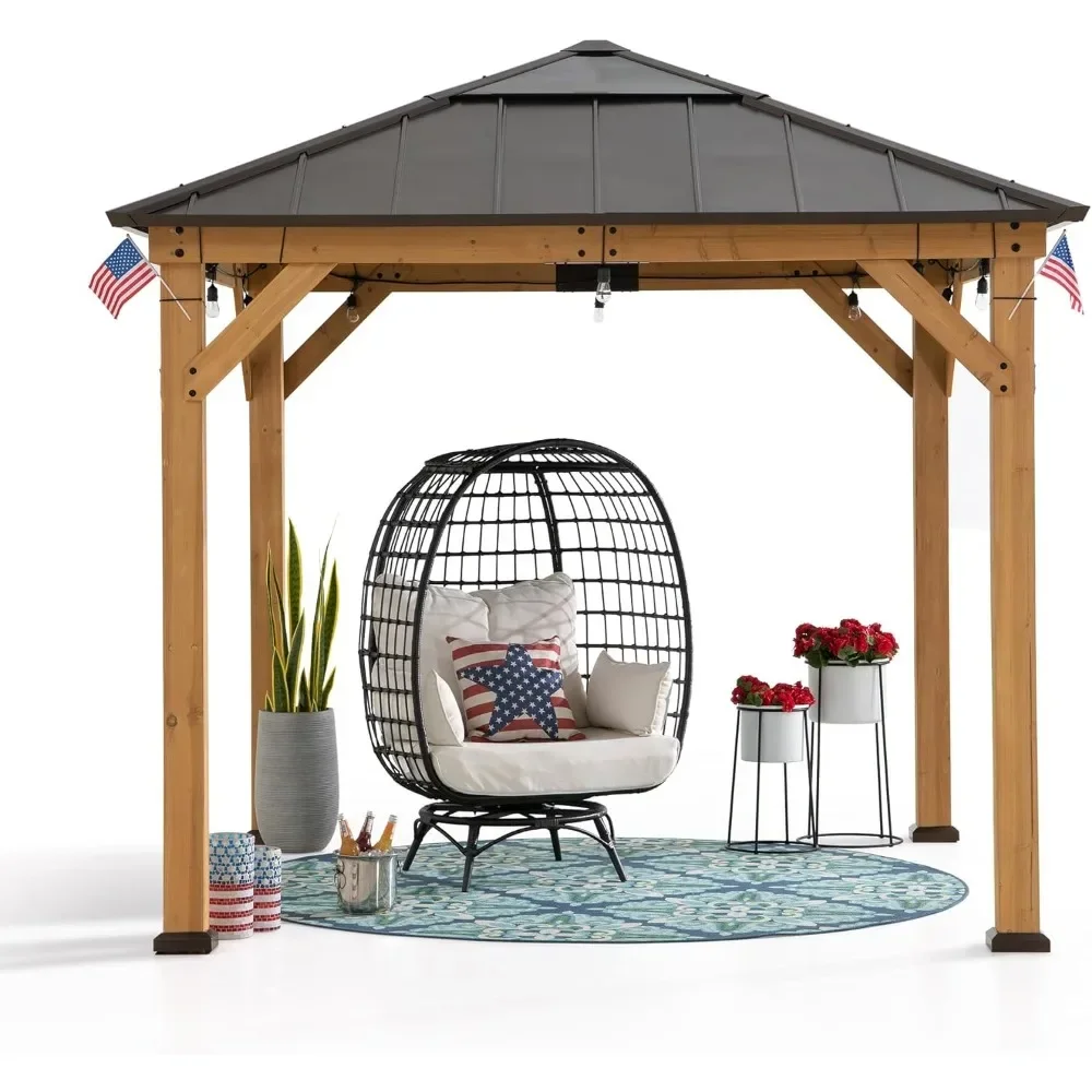 

Hardtop Gazebo 9 x 9 ft. Cedar Framed Wood Gazebo with Brown Steel & Polycarbonate Pyramid Hip Roof and Ceiling Hook for Garden